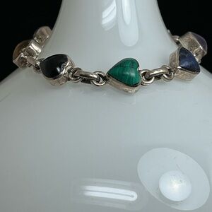 Vintage Taxco 7 Inch Heart Shaped Multi Stone Sterling Silver Bracelet